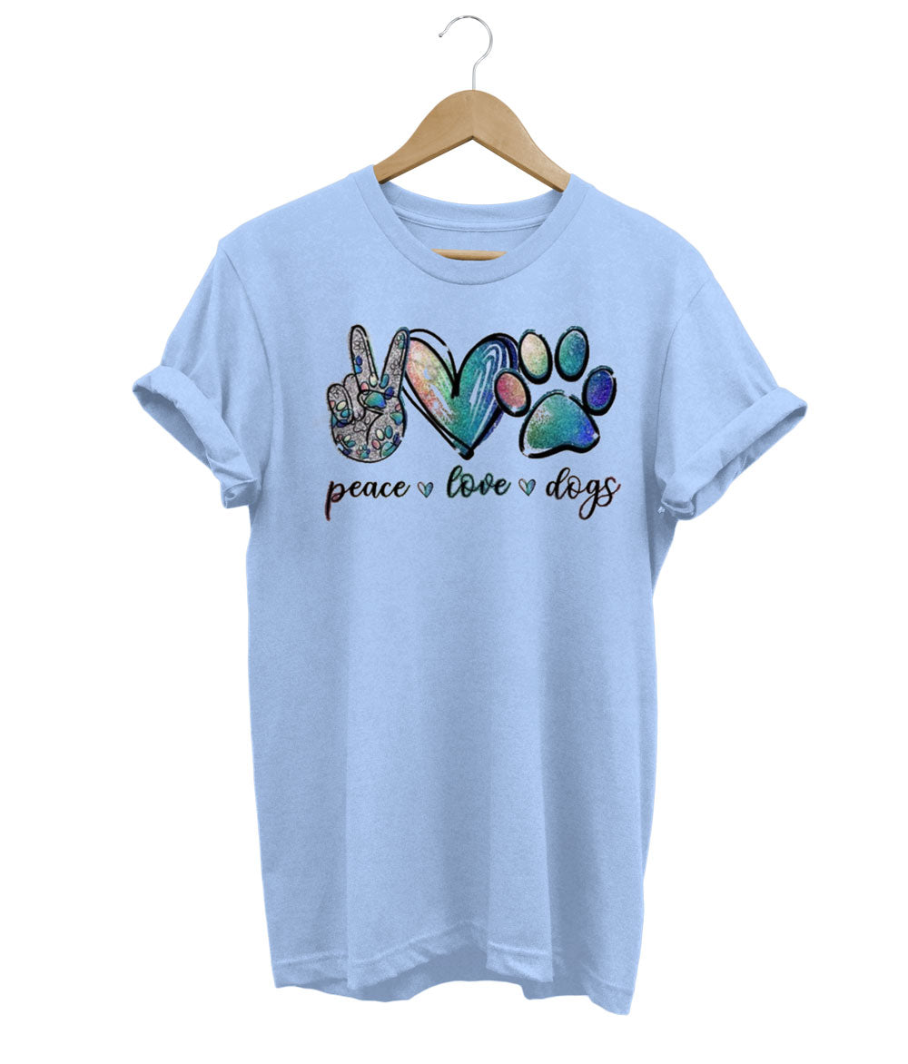 T-Shirt mit Frieden, Liebe und Hunden